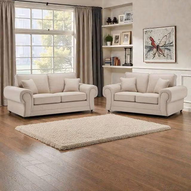 Snug Furniture Birmingham Ltd Wilcot 3+2 Beige Fabric Sofa Set with Full-Back Design and Scatter Cushions