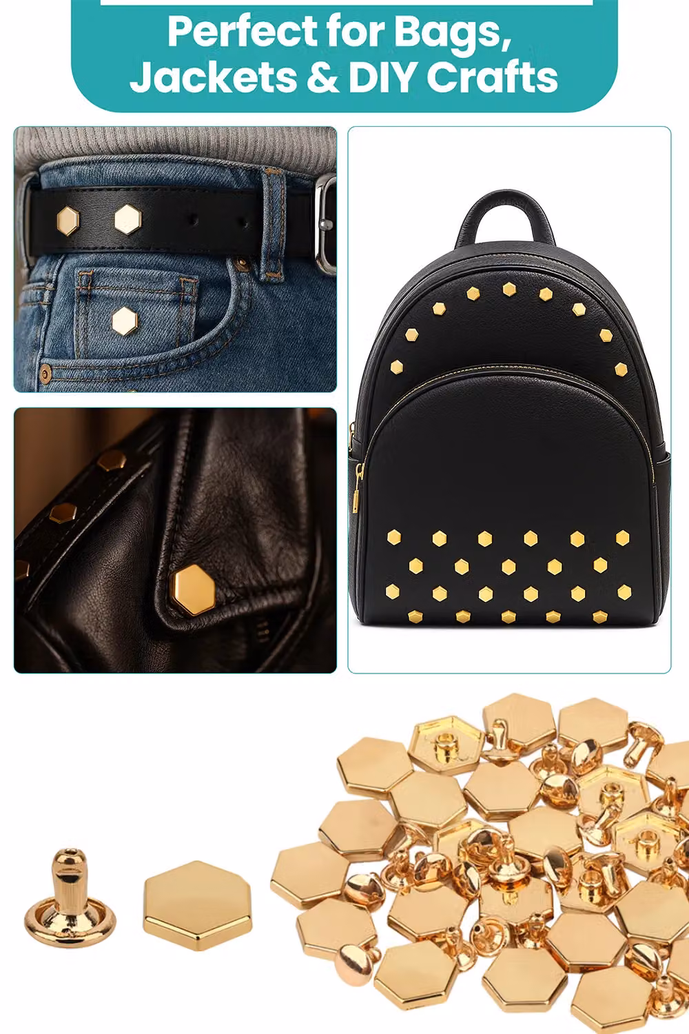 Neel Blue Gold Nickel-Plated Hexagonal Feet Caps with 7mm Rivet Studs, 25 Pieces – 3