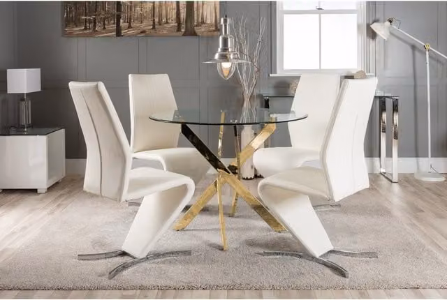 FurnitureboxUK Novara Square Glass Dining Table and Four Chairs Set in White, Gold or Silver