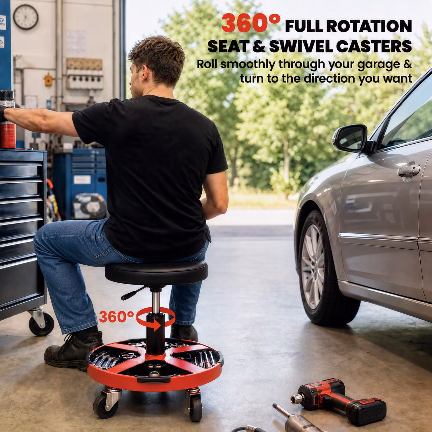 HOMCOM Rolling Mechanic Stool, Black, Height Adjustable 40-52 cm, 360 Degree Swivel Roller Padded Creeper Seat – 6