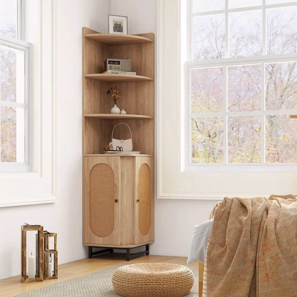 FORGEVIO Brown PE Rattan Corner Cabinet with Hinged Doors and Internal Shelves – 2