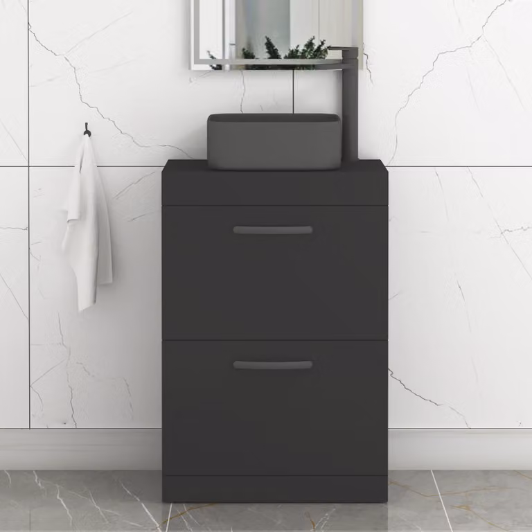 Royal Bathrooms Turin 600mm Floor Standing 2 Drawer Vanity Unit in Matt Black with Art Square Countertop Basin and Brushed Brass Handle