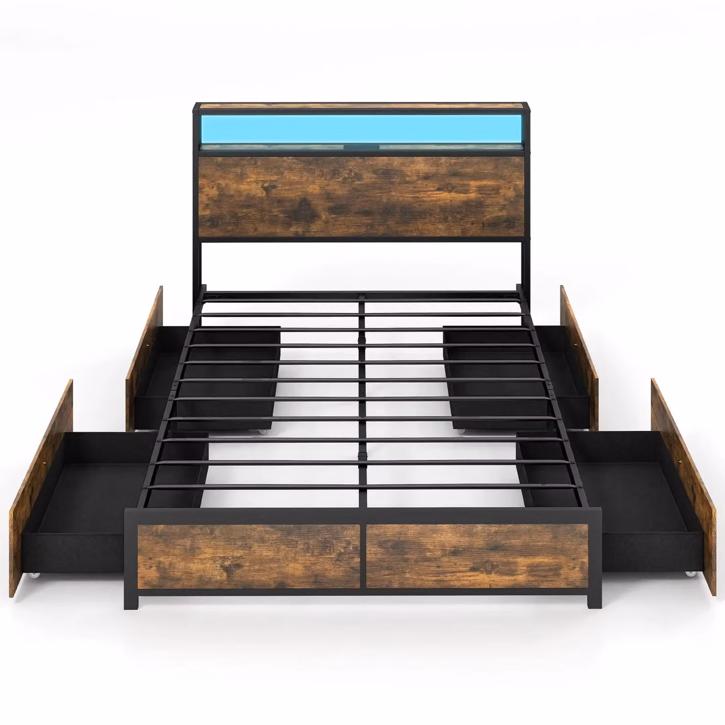 Costway Double Size Metal Bed Frame in Brown with LED Light Headboard, USB Charging Port, Bedside Shelf and 4 Storage Drawers, W/D/H: 140 x 200 cm – 2
