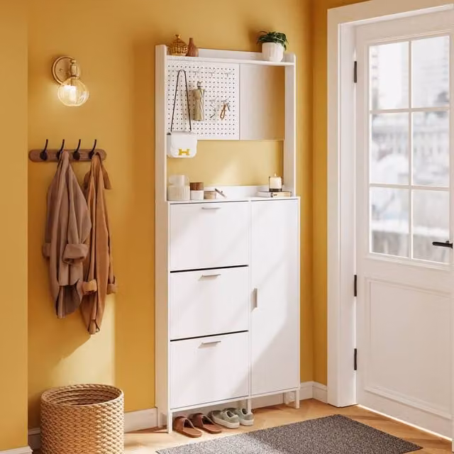 SoBuy Modern Slim White Shoe Cabinet with Mirror and Tilting Compartments