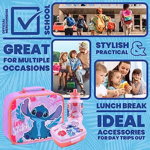 Disney Stitch 3 Piece Insulated Kids Lunch Set with 430ml Water Bottle, Multicolour, BPA Free – 3