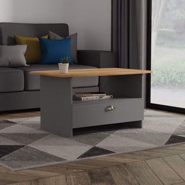 Victoria Ready Assembled Bottom Drawer Coffee Table in Dusk Grey and Riviera Oak