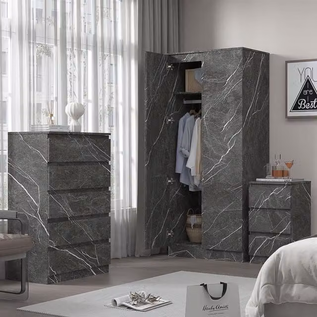 Zita 3 Piece Bedroom Furniture Set in Grey Marble Effect featuring 2 Door Wardrobe, Tall Chest and 3 Drawer Bedside Table