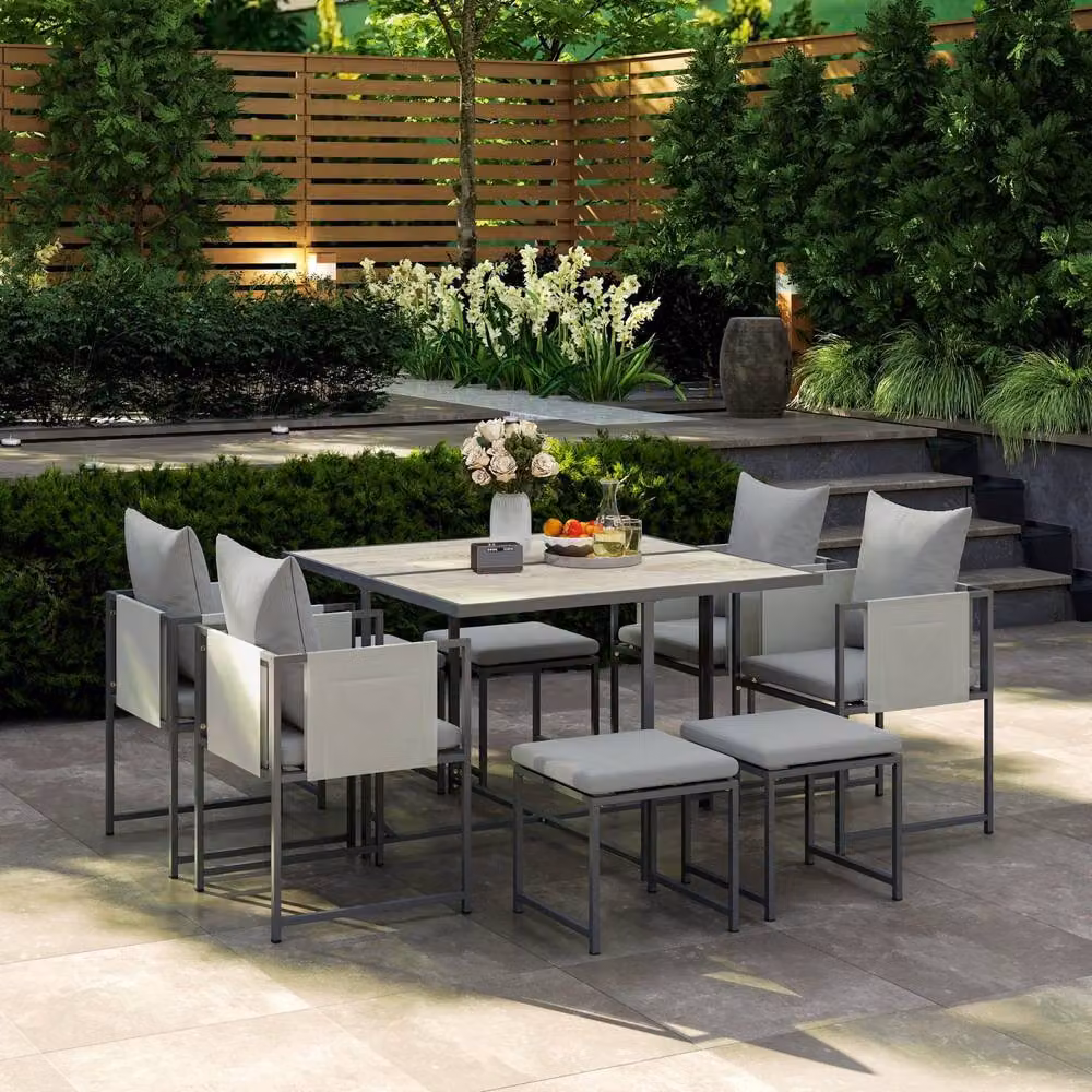 Wyld Haus Layori 8 Seater Grey Powder Coated Steel Garden Dining Set – 6