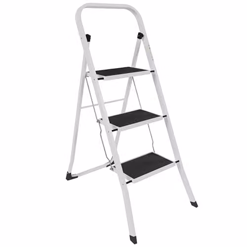 Home Vida 3 Step Heavy Duty Steel Folding Ladder with Anti-Slip Rubber Feet, White, H: 105 cm, W: 46 cm
