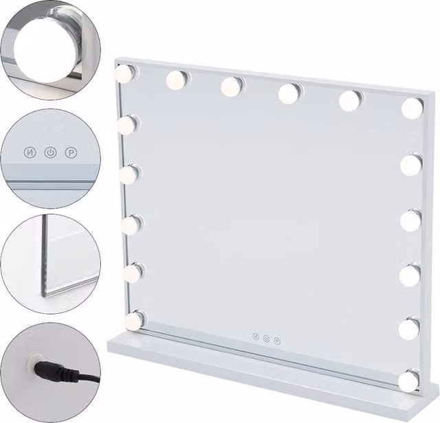Livingandhome Adjustable Rectangular Hollywood Makeup Mirror in White with LED Bulbs and Touch Control