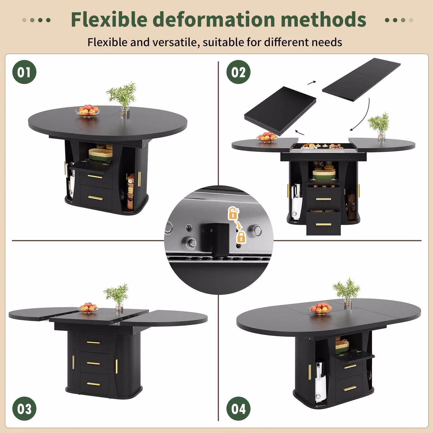 Aosom UK Black Extendable Round Dining Table with 3-Tier Hidden Storage for 6 People, W/D/H: 118 x 118 x 77 cm to 158 x 118 x 77 cm – 6