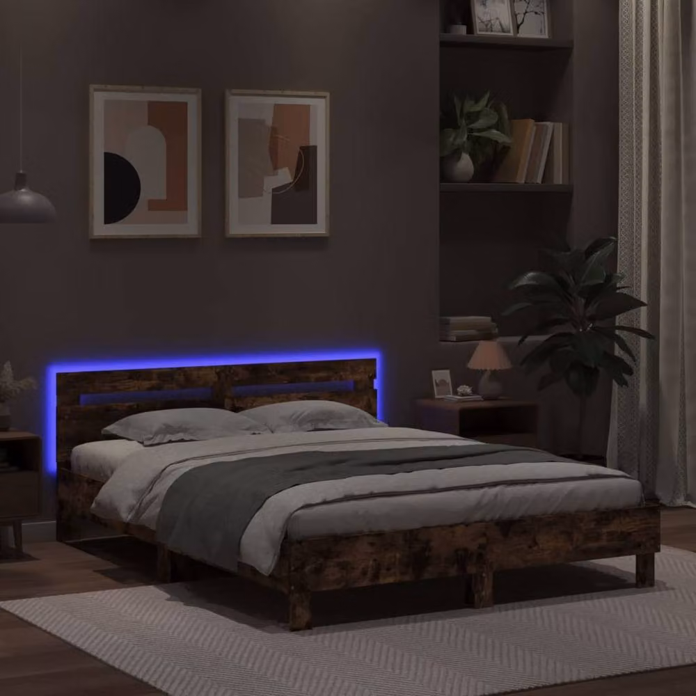 Berkfield Home King Size Bed Frame in Brown Oak with LED Under-Bed Lighting and USB Charging Port, W: 150 cm, L: 200 cm – 4