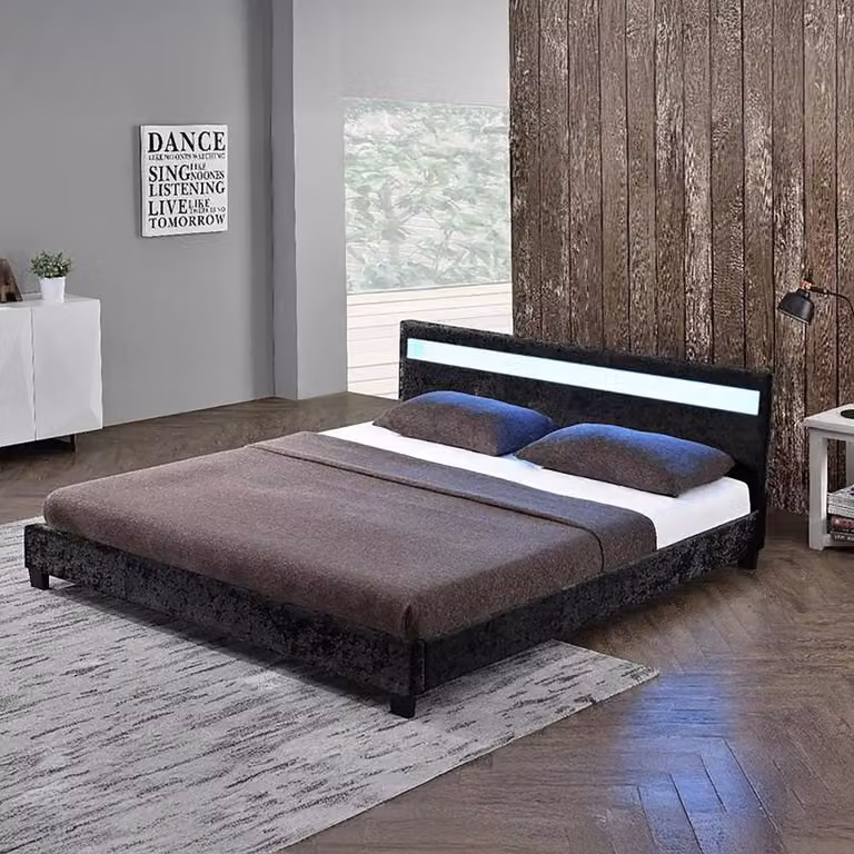 Harmin Luxury Black Small Double LED Crushed Velvet Upholstered Bed Frame W/D/H: 120 x 200 cm