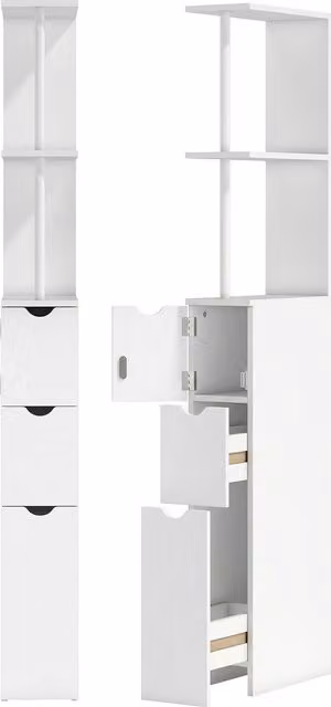 Kleankin Modern White Bathroom Storage Cabinet with Hinged Doors, Drawers and Open Shelves
