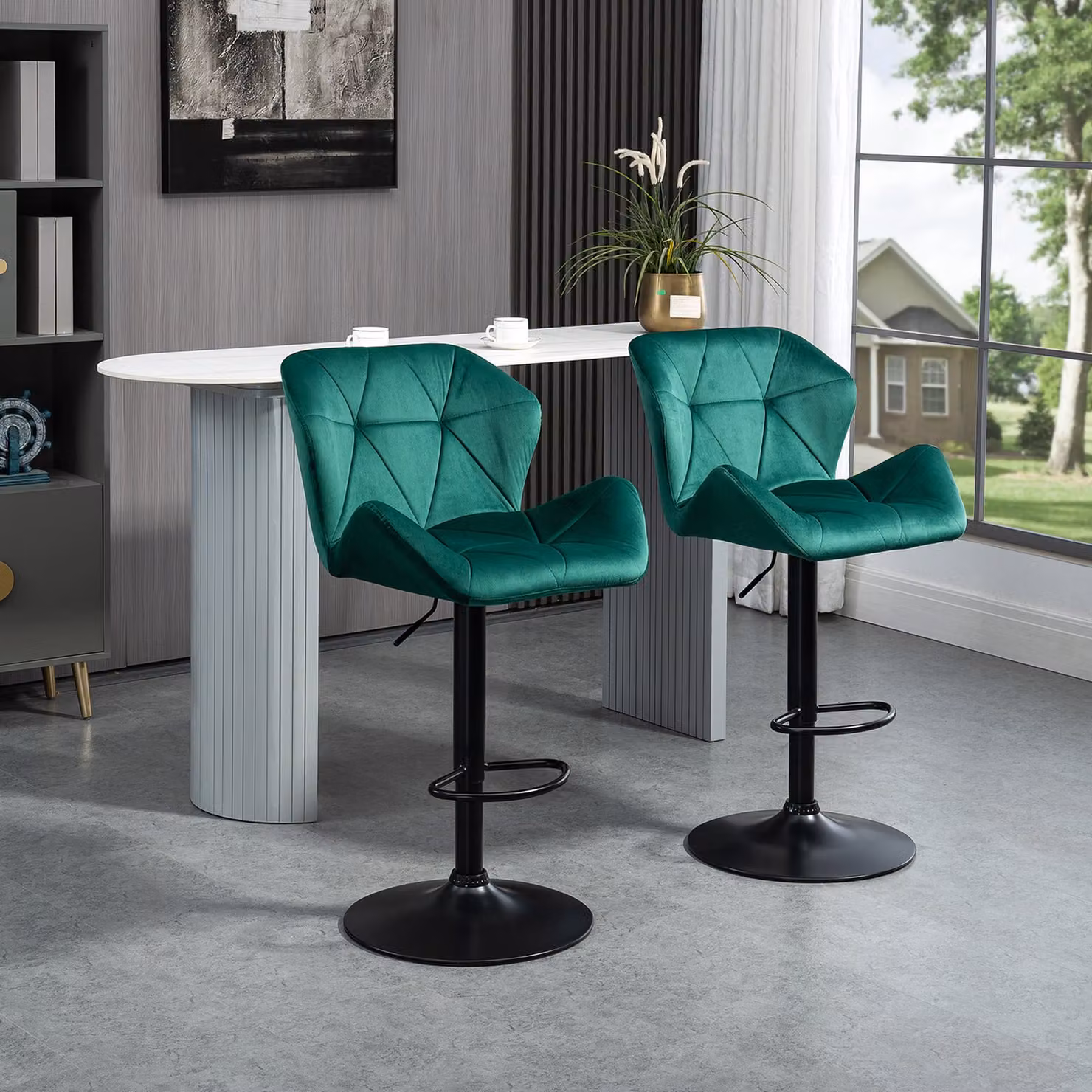 HOMCOM Set of 2 Adjustable Swivel Bar Stools in Green Velvet with Metal Frame – 2
