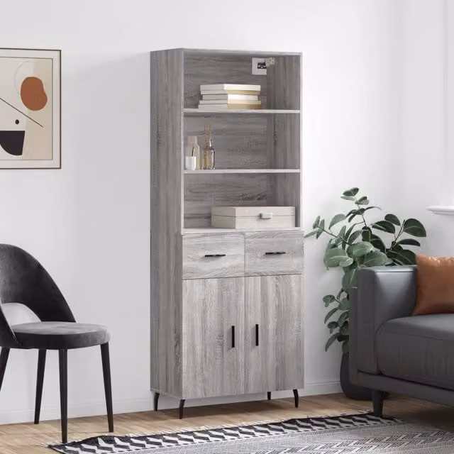 Berkfield Home Grey Sonoma Highboard with Hinged Doors and Internal Shelves, W: 69.5 cm, D: 34 cm, H: 180 cm
