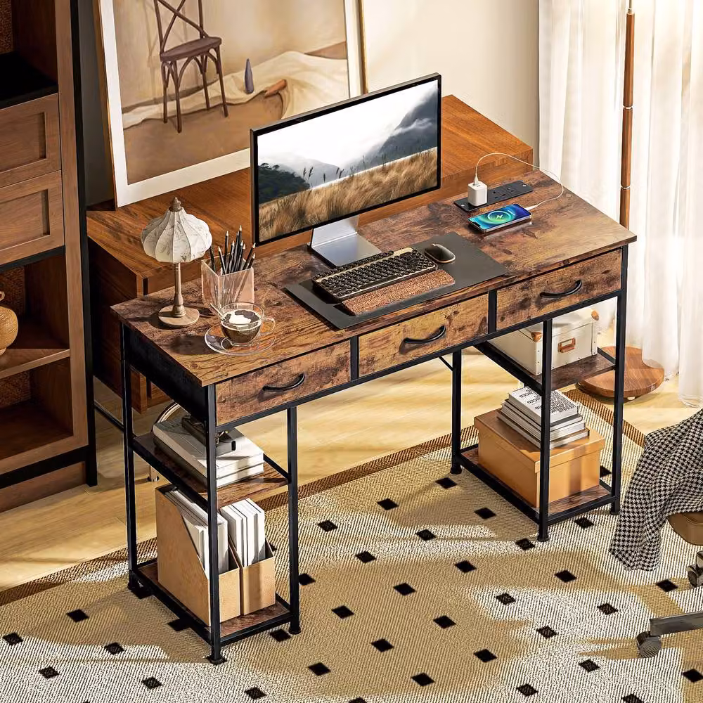 STILVORA Brown Computer Desk with USB, Outlets, Drawers and Shelves, W: 120 cm, D: 40 cm, H: 76 cm – 2