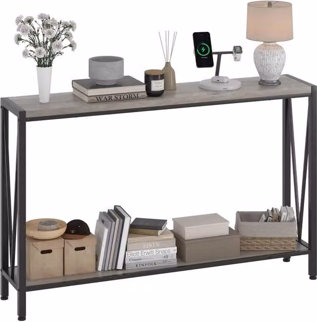 KORVIXA Grey 2-Tier Narrow Console Sofa Side Table – 1