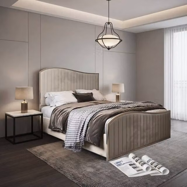 KDMD Idbury Super King Upholstered Velvet Designer Bed Frame in Beige and Cream with Metal Details – 1