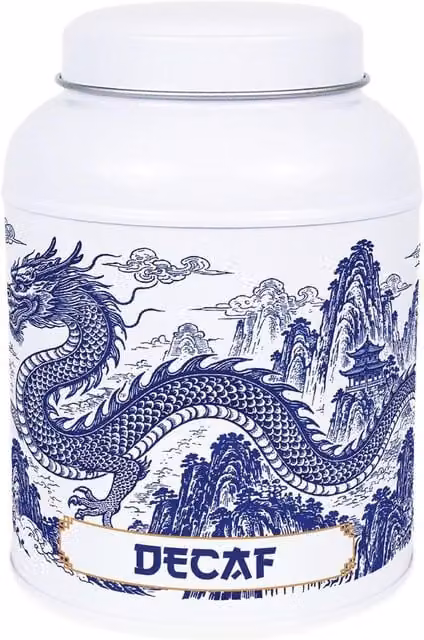 Purely Home Dragon Temple Decaf Coffee Canister, Small Metal Kitchen Storage Tin in Blue and White