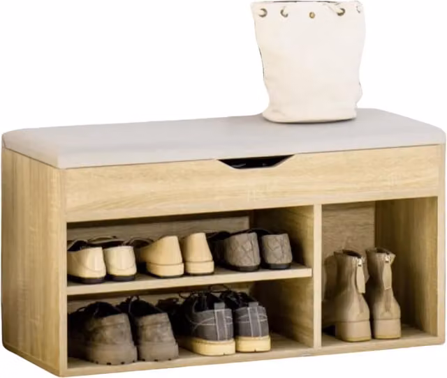 Pirlo Plush Industrial Shoe Storage Bench with Cushion Seat in Brown and Beige, W/D/H: 120 x 30 x 43 cm