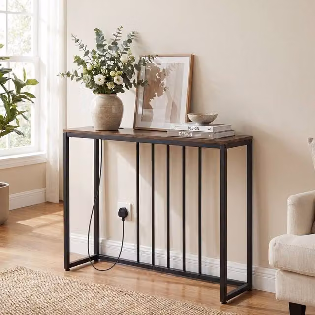 Gymax Brown Narrow Hallway Console Table with Charging Station, Width: 100 cm