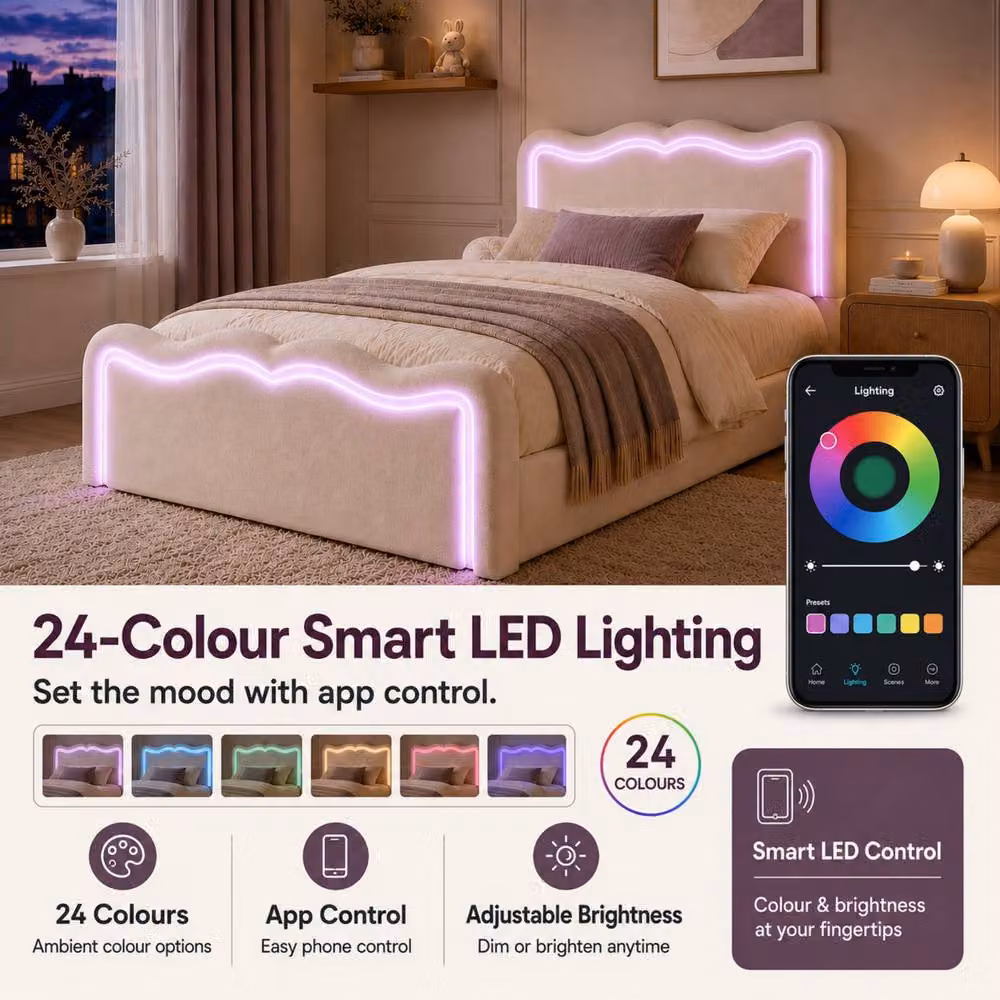 Merax 3ft Single Velvet Ottoman Bed Frame with LED Light and Hydraulic Storage in Beige, W/D/H: 90 x 190 x 32 cm – 3
