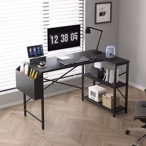 MCC Direct Lotus L-Shaped Corner Computer Desk with Adjustable Shelves, Black, W: 100 cm – 1
