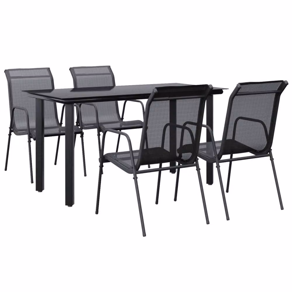 Berkfield Home 5 Piece Garden Dining Set in Black Matt Powder Coated Steel and Textilene with Glass Tabletop – 2
