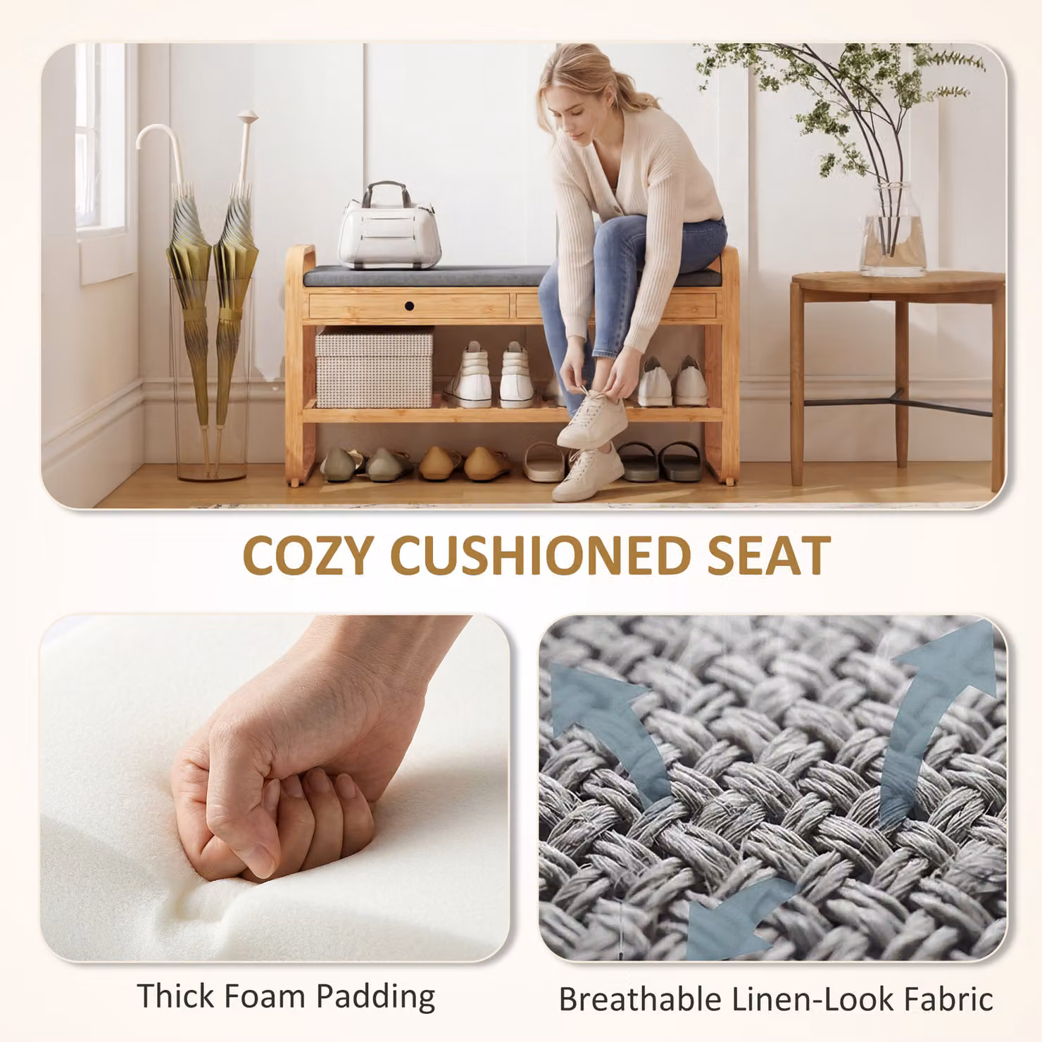 HOMCOM Shoe Storage Bench with Cushioned Seat and 2 Drawers, Natural and Grey, W: 105 cm, D: 33.2 cm, H: 55 cm – 3
