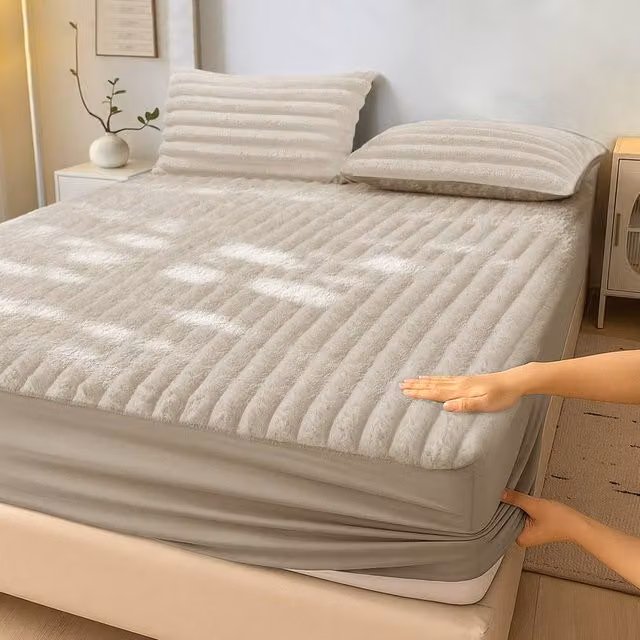 Velosso Jumbo Cord Faux Fur Fitted Sheet in Beige, Super King, W: 200 cm x D: 200 cm