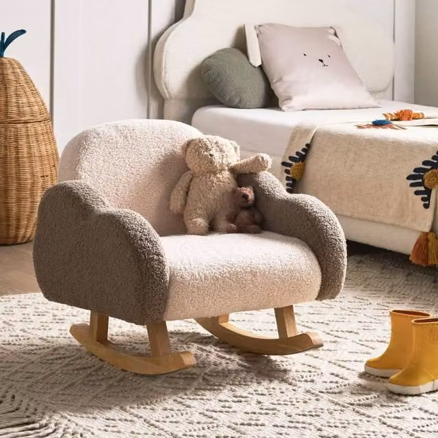 Wyld and Coco Kids Bouclé Rocking Chair in Beige with Cloud Armrests and Solid Rubberwood Legs – 1