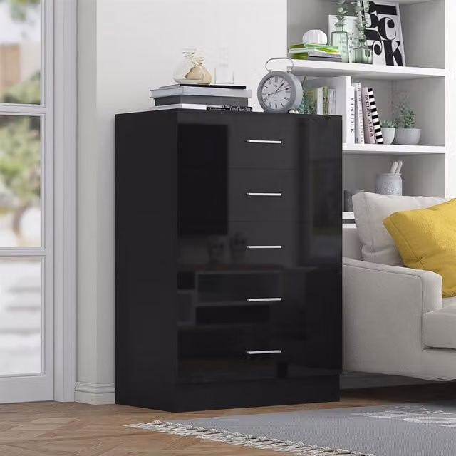 Reflect 5 Drawer Tallboy Chest in Black Gloss and Black Oak, H 100 cm x W 70 cm x D 40 cm – 1