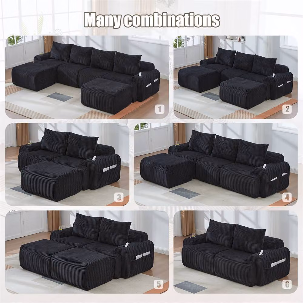 Direct Wicker 3-Seater Modular L-Shape Cord Sofa with 2 Ottomans, Cup Holders and Side Storage in Black – 5