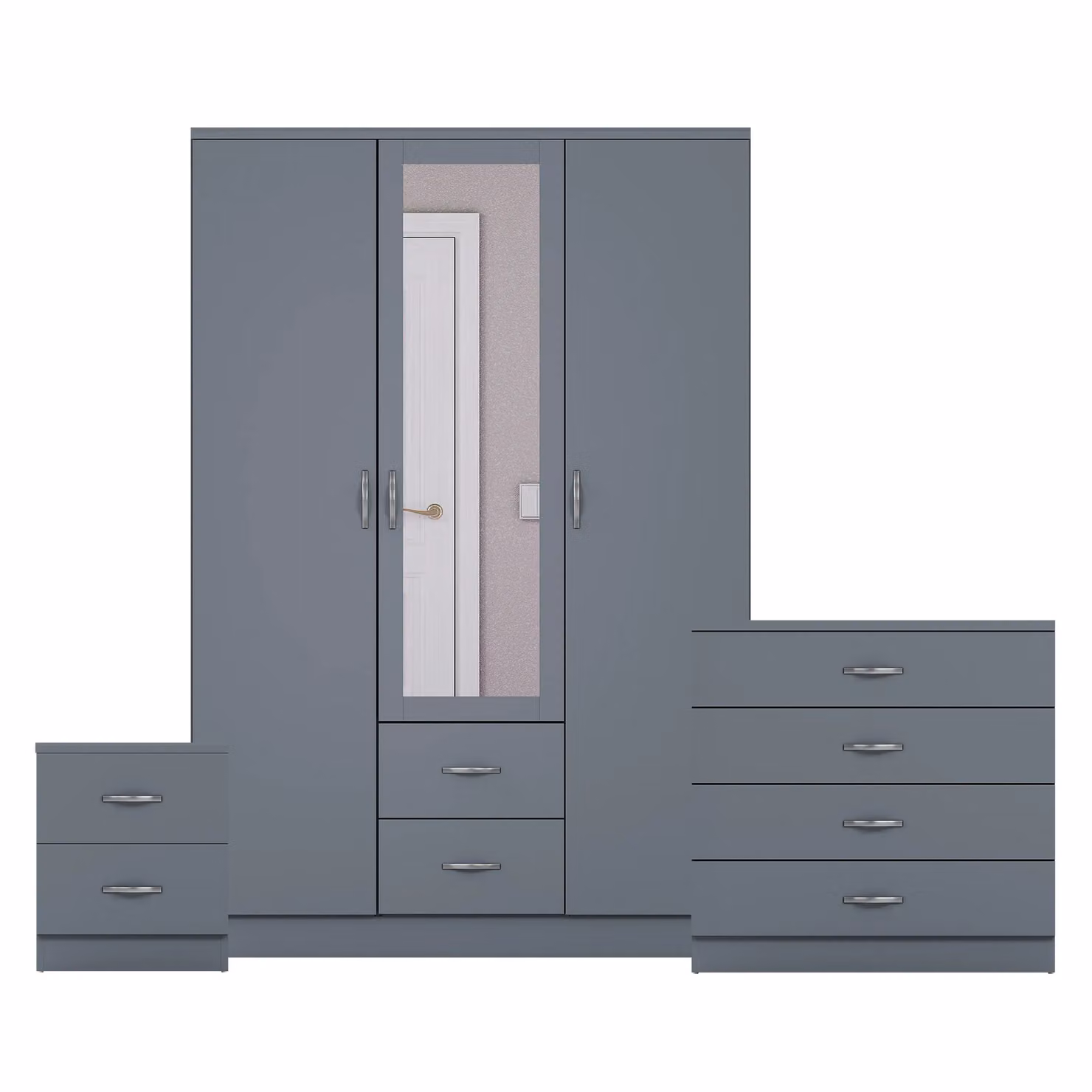 Vida Designs 3 Piece Modern Grey Bedroom Set Including 2 Bedside Tables, 4 Drawer Chest and Mirror Wardrobe – 2