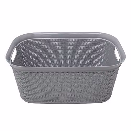 JVL Knit Design Loop Plastic Rectangular Linen Washing Basket with Handles, Grey, W: 36.5 cm, D: 56.5 cm, H: 25.5 cm, 38 Litres