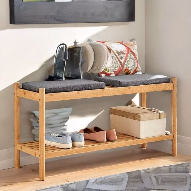 Rafaelo Mobilia Bamboo Shoe Storage Bench with 2 Fabric Cushioned Seats in Natural and Beige, W/D/H: 90 x 30 x 45 cm