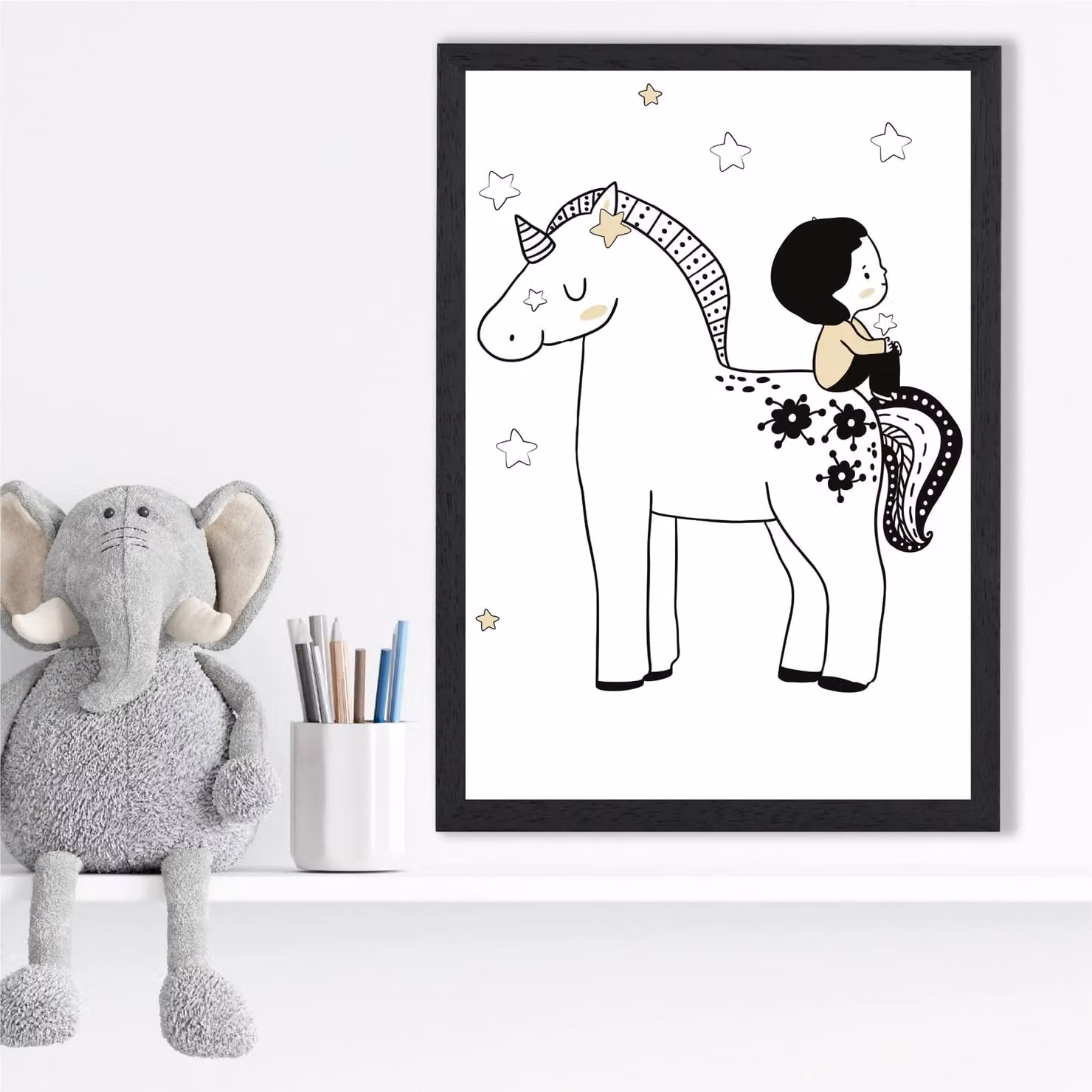 ARTZE Scandi Prince Little Boy Sitting on a Unicorn Framed Print, Multicolour, Black Frame, A2 – 2
