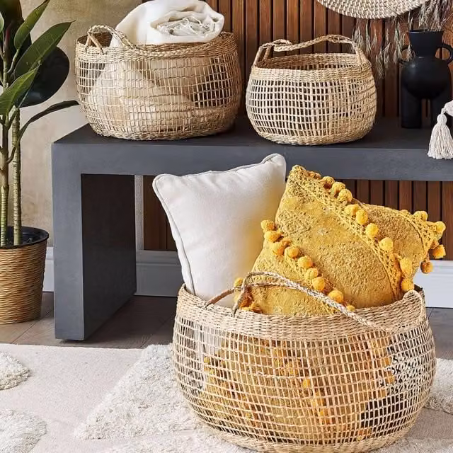 Wyld and Coco Seagrass Storage Basket Set of 3 with Handles, Brown