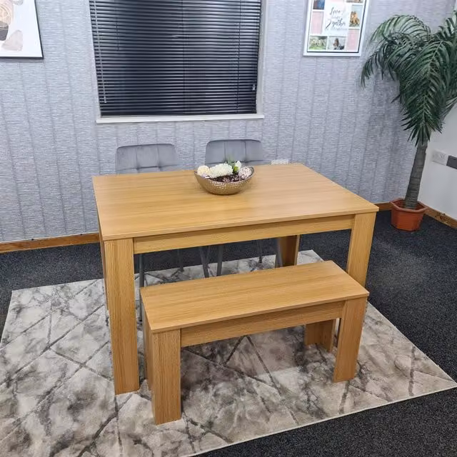 Kosy Koala Modern 4 Seater Dining Set with Rectangular Brown Wood Table, 2 Grey Velvet Chairs and Bench – 1