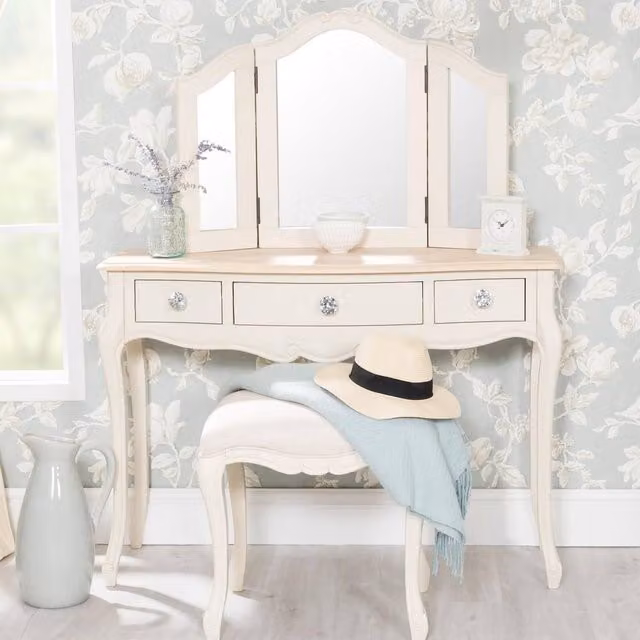 Statement Furniture Juliette Dressing Table Set with Tri-Fold Mirror and Stool in White