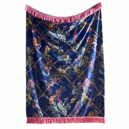 House of Laurence Llewelyn-Bowen Reversible Floral Velvet Throw in Blue, Petrol and Pink, W/D/H: 130 x 180 cm – 1