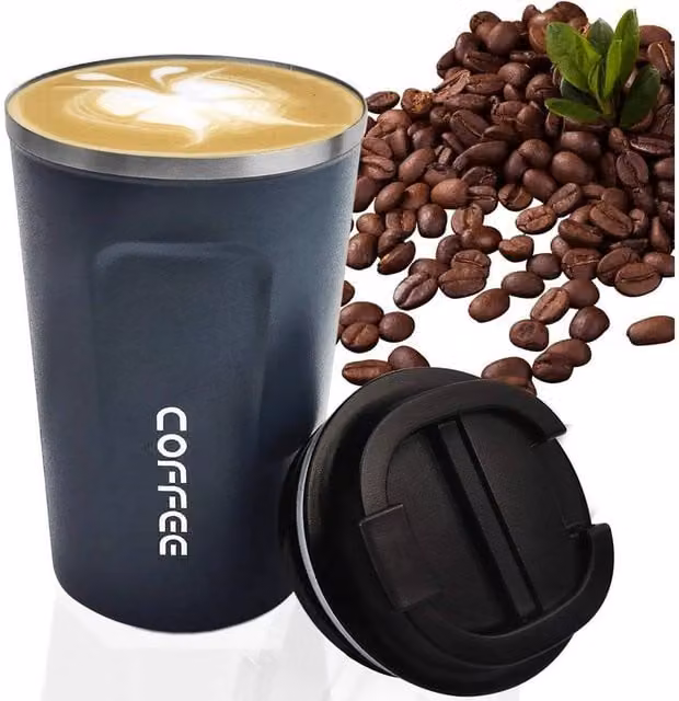 Pawnora Blue Double Walled Stainless Steel Insulated Coffee Mug with Lid, 380 ml