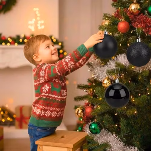 SHATCHI Set of 3 Black Shatterproof PVC Christmas Baubles, 20 cm Round Hanging Ornaments with Glossy, Matt and Glitter Finishes – 5