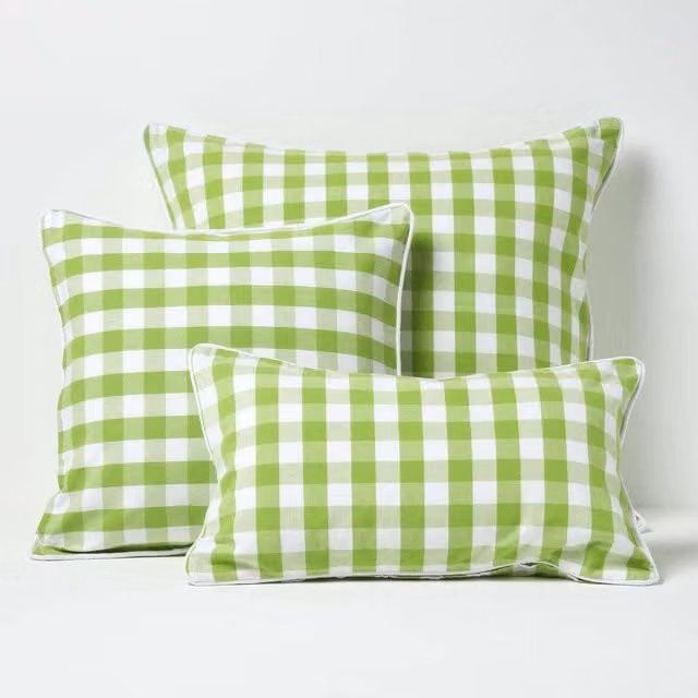 Homescapes Green Checked Cotton Gingham Rectangular Cushion Cover, W/D/H: 60 x 60 cm