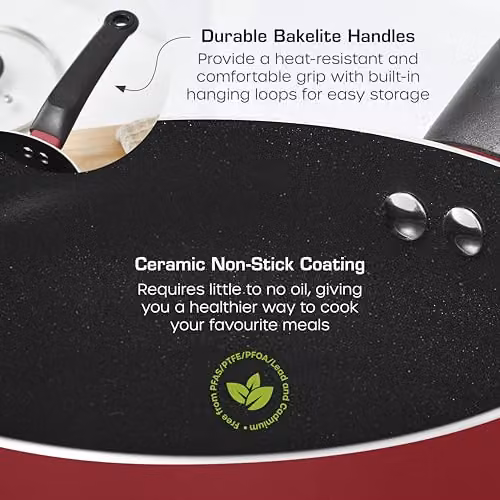 Swan Townhouse 14 Piece Red Aluminium Cookware and Tool Set with Ceramic Coating, 16cm, 18cm and 20cm Saucepans with Glass Lids and 20cm and 26cm Frying Pans – 4