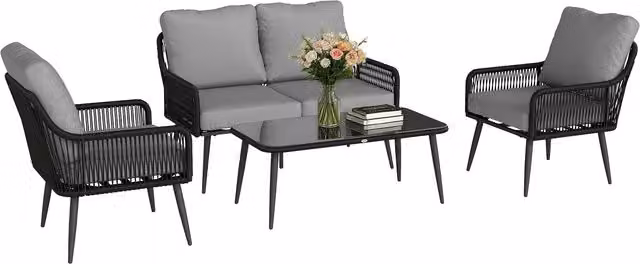 Outsunny 4 Piece Black Rattan Garden Furniture Set with Glass Top
