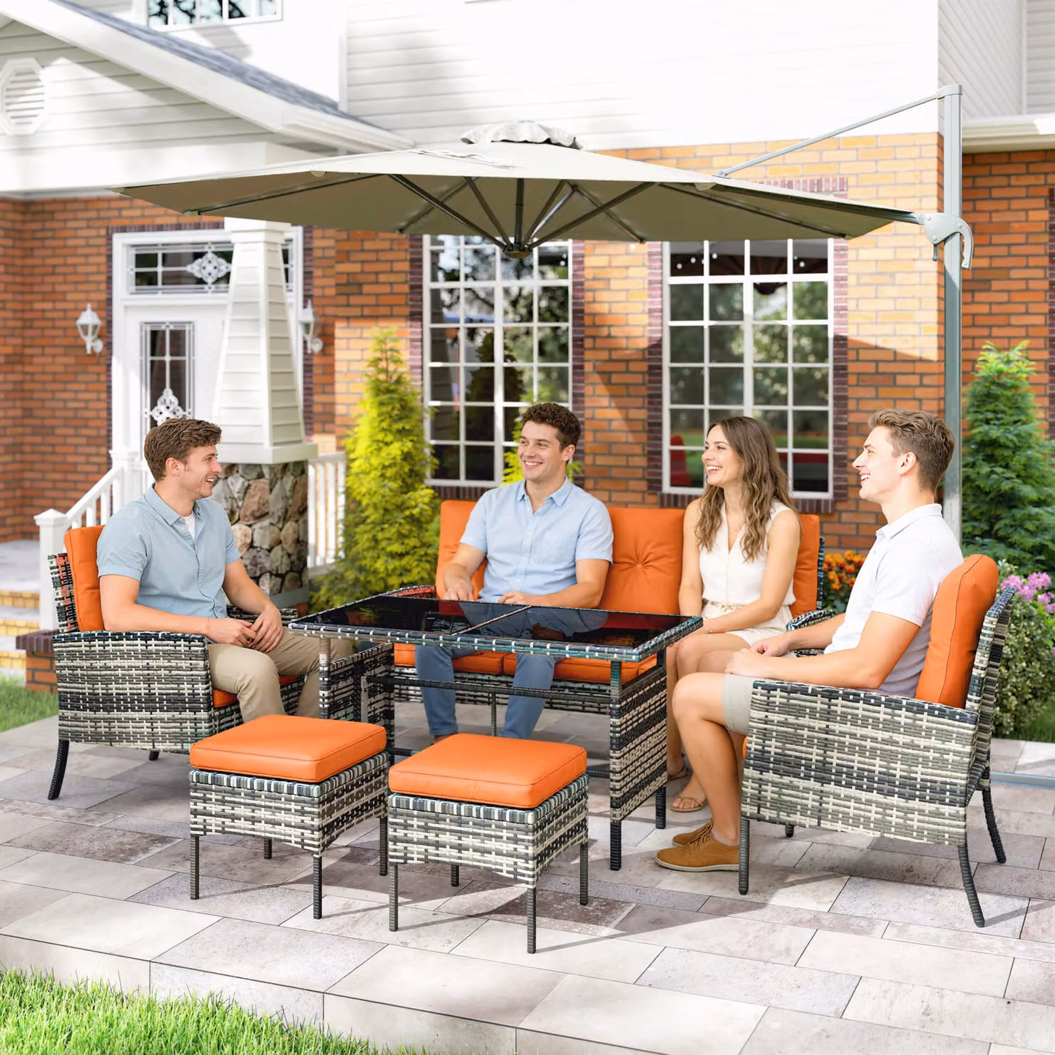 Outsunny 6 Piece Rattan Garden Furniture Set with Dining Table and Cushions in Orange – 2