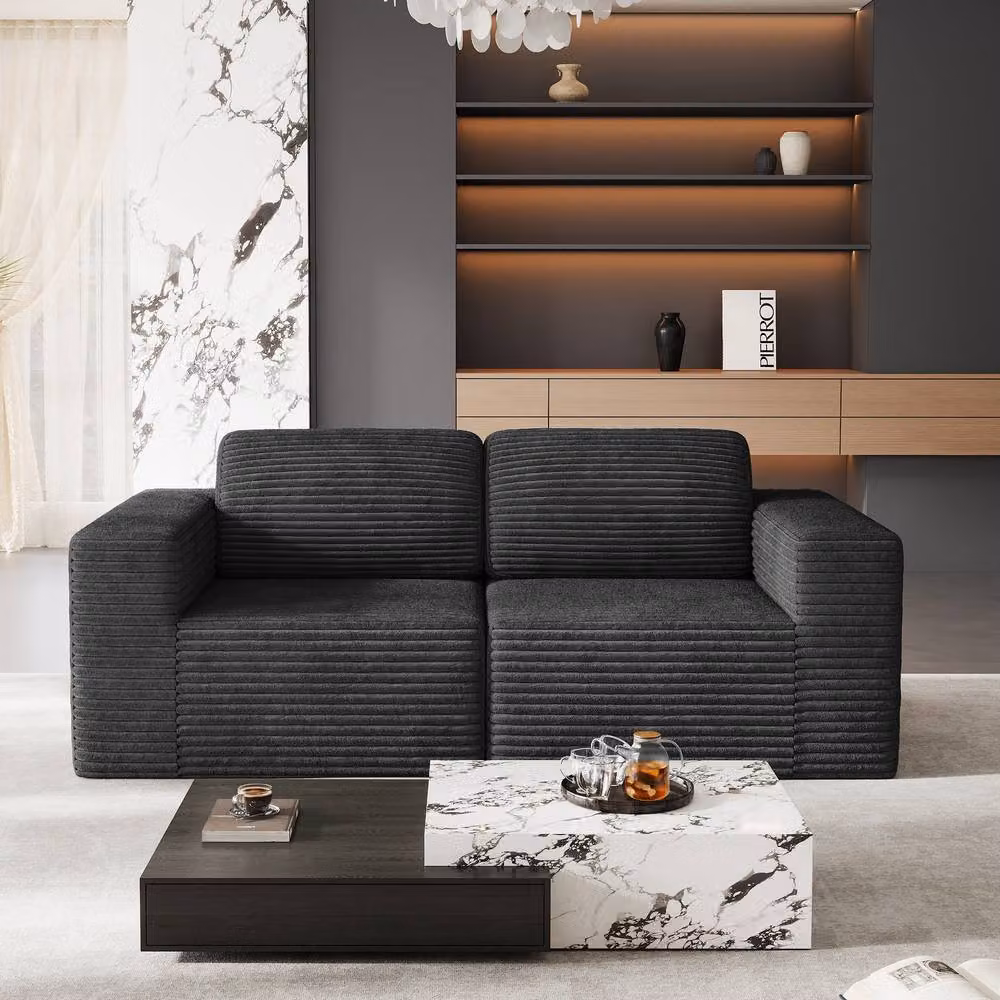 Dprodo Corduroy Modular Loveseat Sofa in Black with Matching Ottoman and Removable Covers, W: 202 cm, D: 101 cm, H: 82 cm – 7