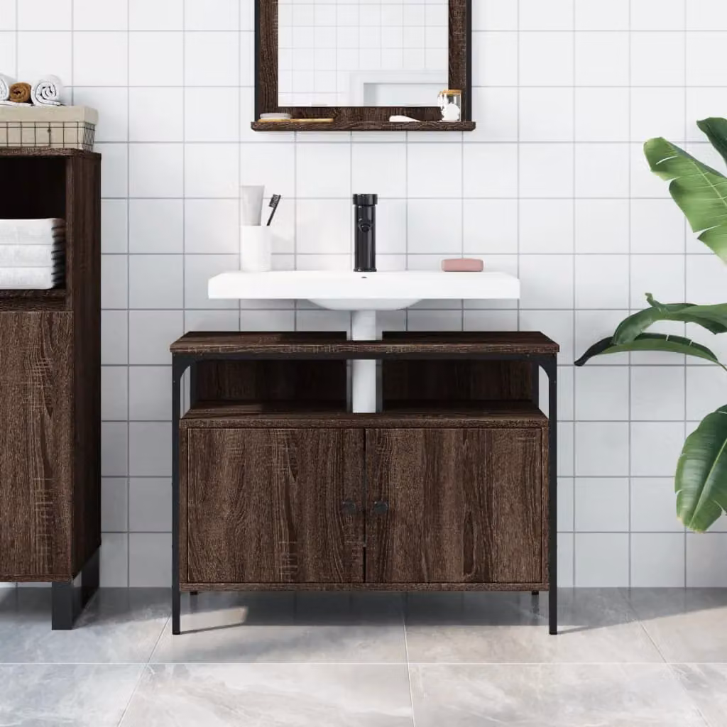 Berkfield Home Wall Mounted Bathroom Sink Cabinet in Brown Oak, W: 80 cm, D: 30 cm, H: 60 cm – 3